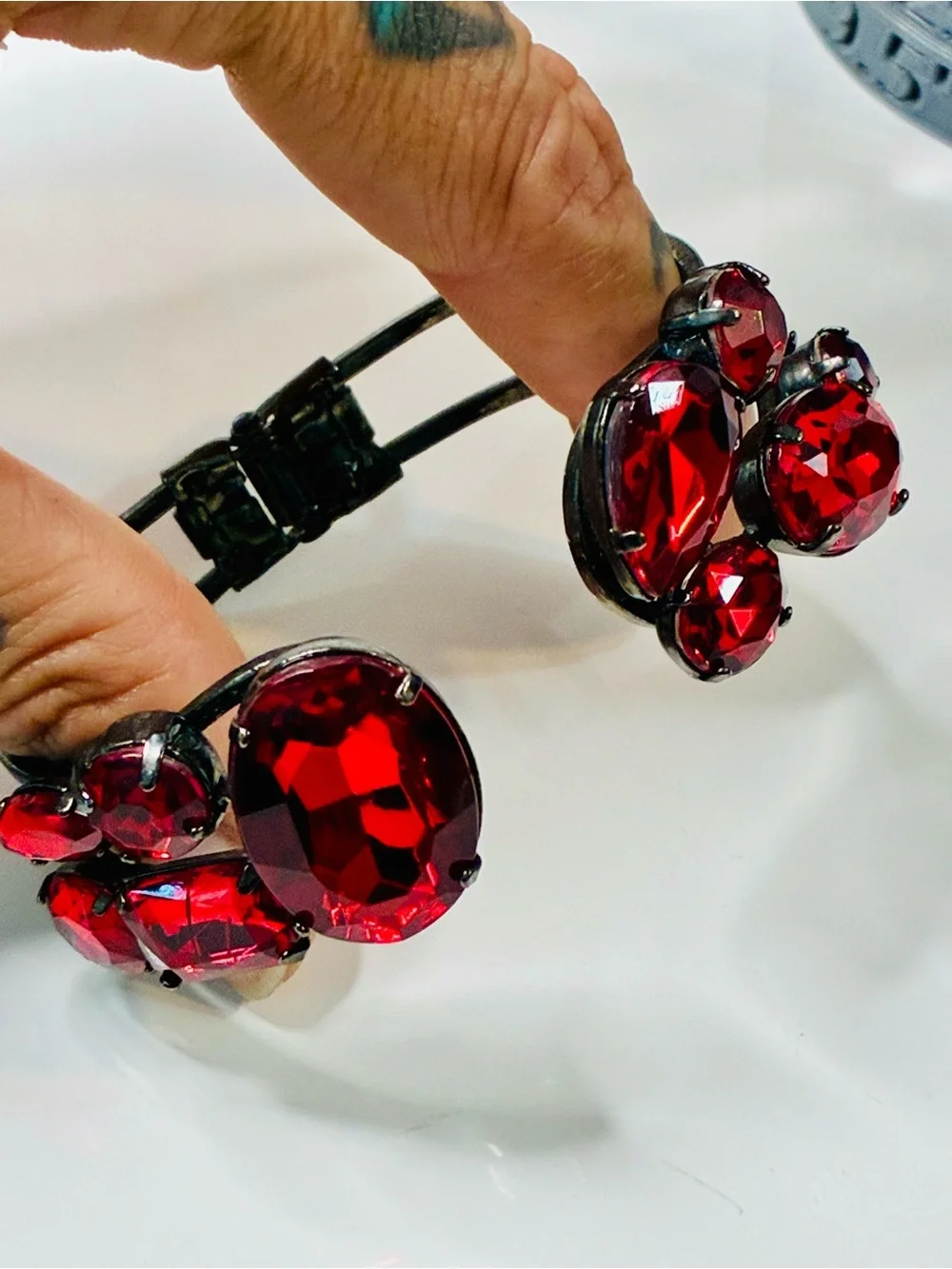 Bold Crimson Red Crystal Statement Cuff Clamper Bracelet - Women's Jewelry
